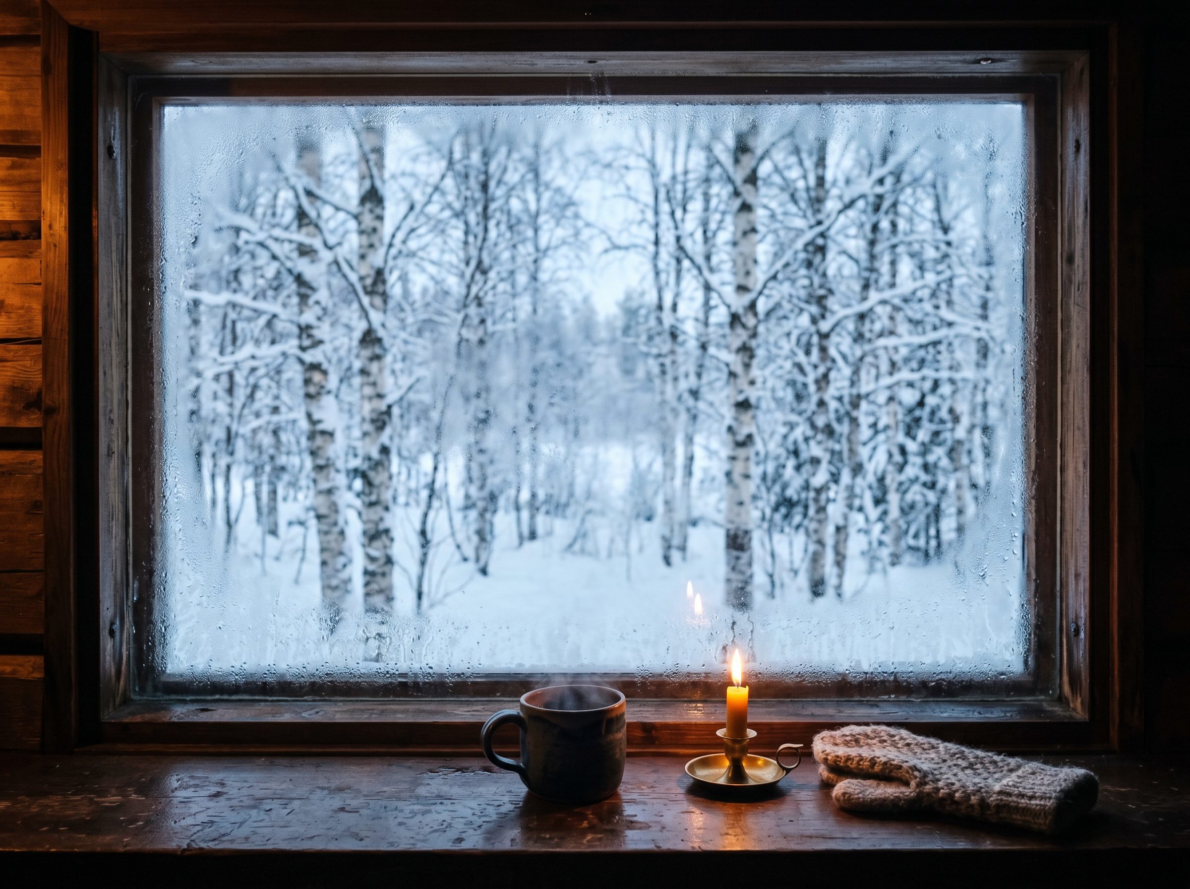 View through a frosted window to birch trees in a Finnish winter landscape