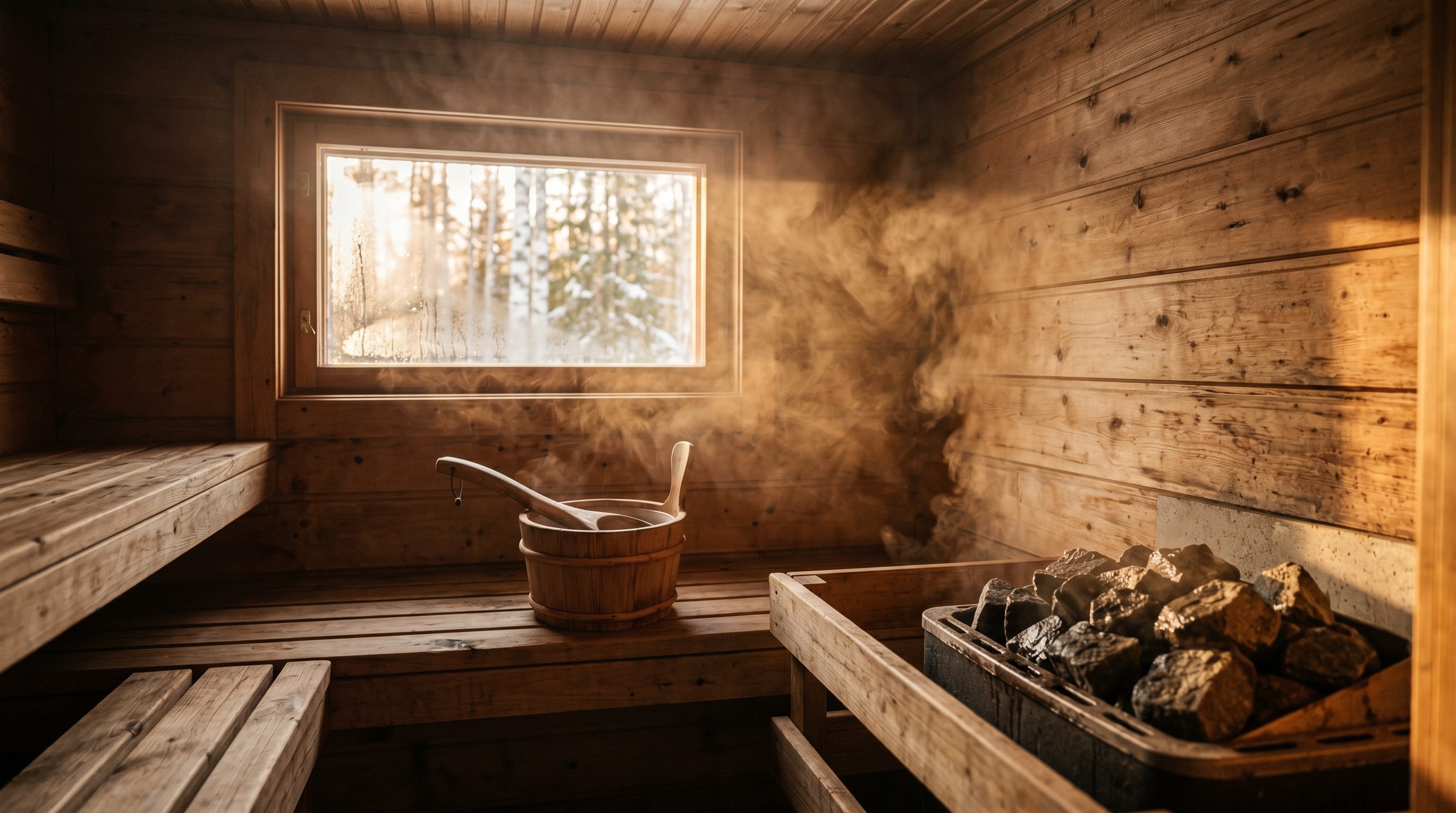 Interior of a traditional Finnish sauna with cedar walls, a wooden ladle and bucket, and hot stones, warm afternoon light through the window